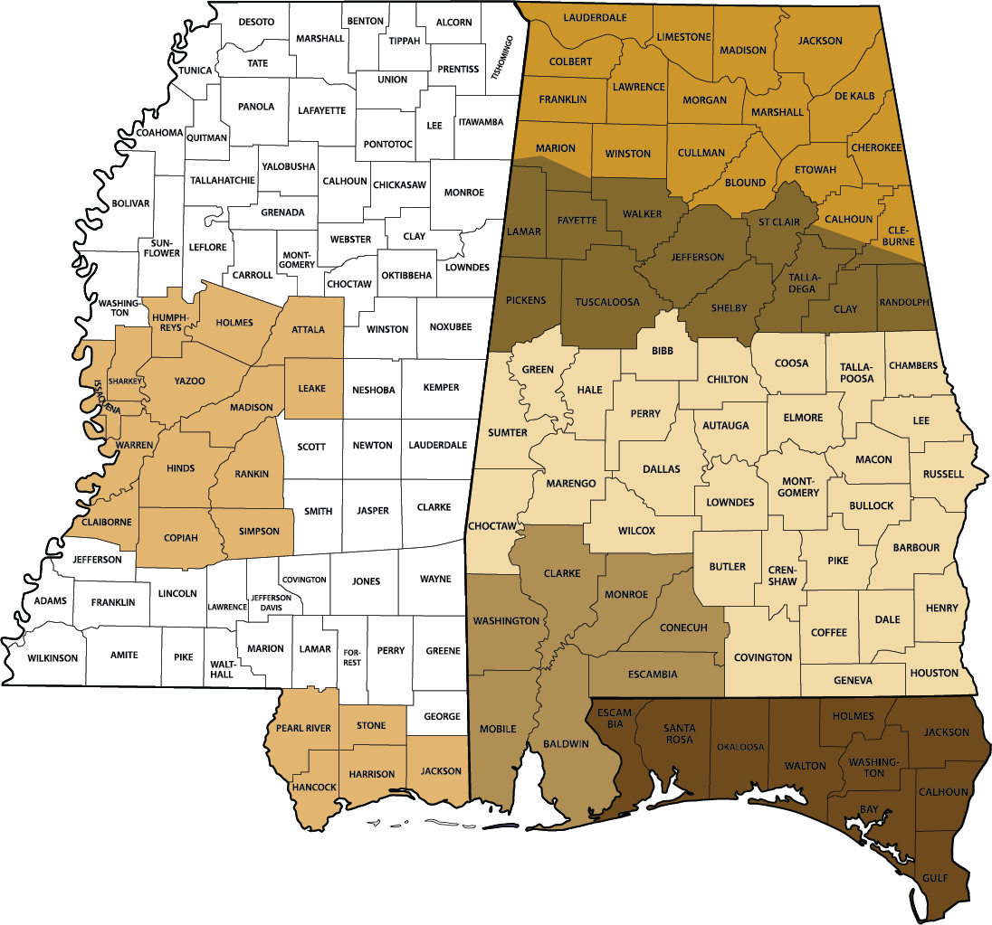 Colored map of Gulf Distributing company territories