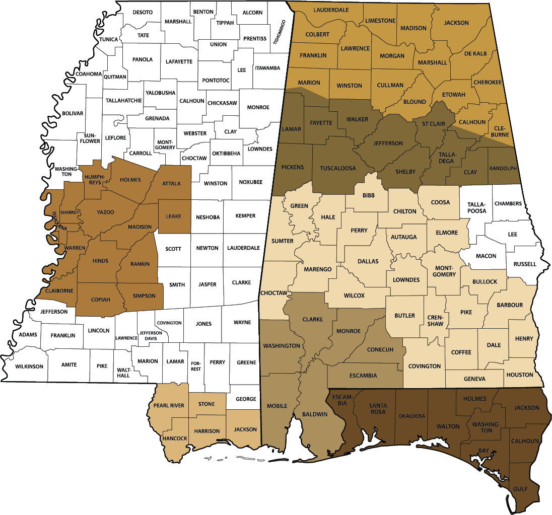 Mississippi and Alabama counties map