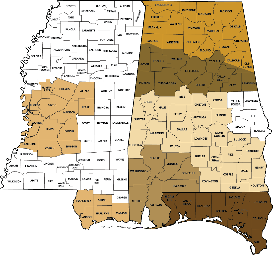 Mississippi and Alabama counties map